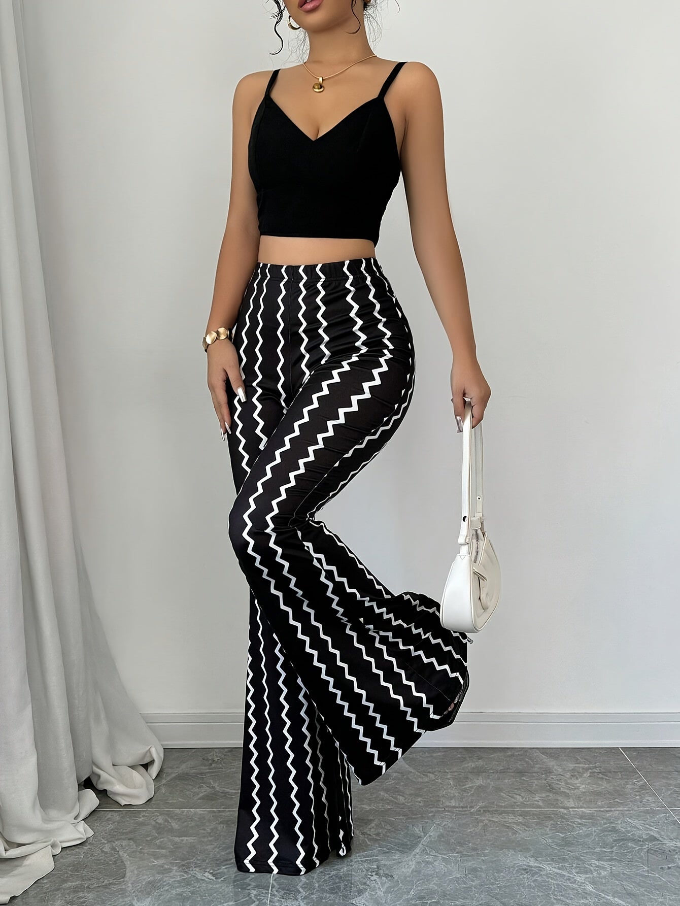 Women's Elegant High-Waisted Flare Pants - Black & White Striped Bell Bottoms with Herringbone Pattern, Machine Washable Polyester Blend for Spring/Fall, Ladies Pants
