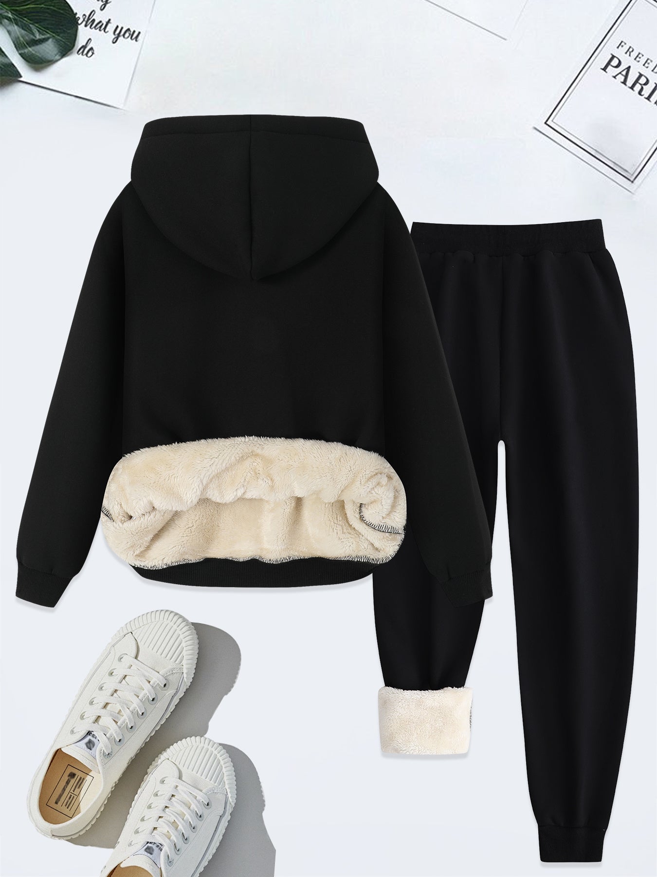 Cozy Plush Letter Print Hoodie & Pants Set for Women - Casual Knitwear, Machine Washable, Perfect for Fall/Winter