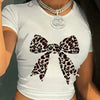 Women's Y2K Leopard Bow Print Cropped T-Shirt - Light Blue Soft Fabric, Machine Washable, Versatile Casual & Evening Wear, Style Statement Top | Elegant Design | Comfortable Fit, Leopard Print Shirt