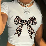 Women's Y2K Leopard Bow Print Cropped T-Shirt - Light Blue Soft Fabric, Machine Washable, Versatile Casual & Evening Wear, Style Statement Top | Elegant Design | Comfortable Fit, Leopard Print Shirt