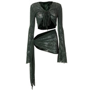 2023 Mesh See-through Strap Long-sleeved Wrap Top And Skirt