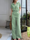 Women'S Solid Color Short Sleeve Shirt and Long Pants Elegant Two-Piece Set