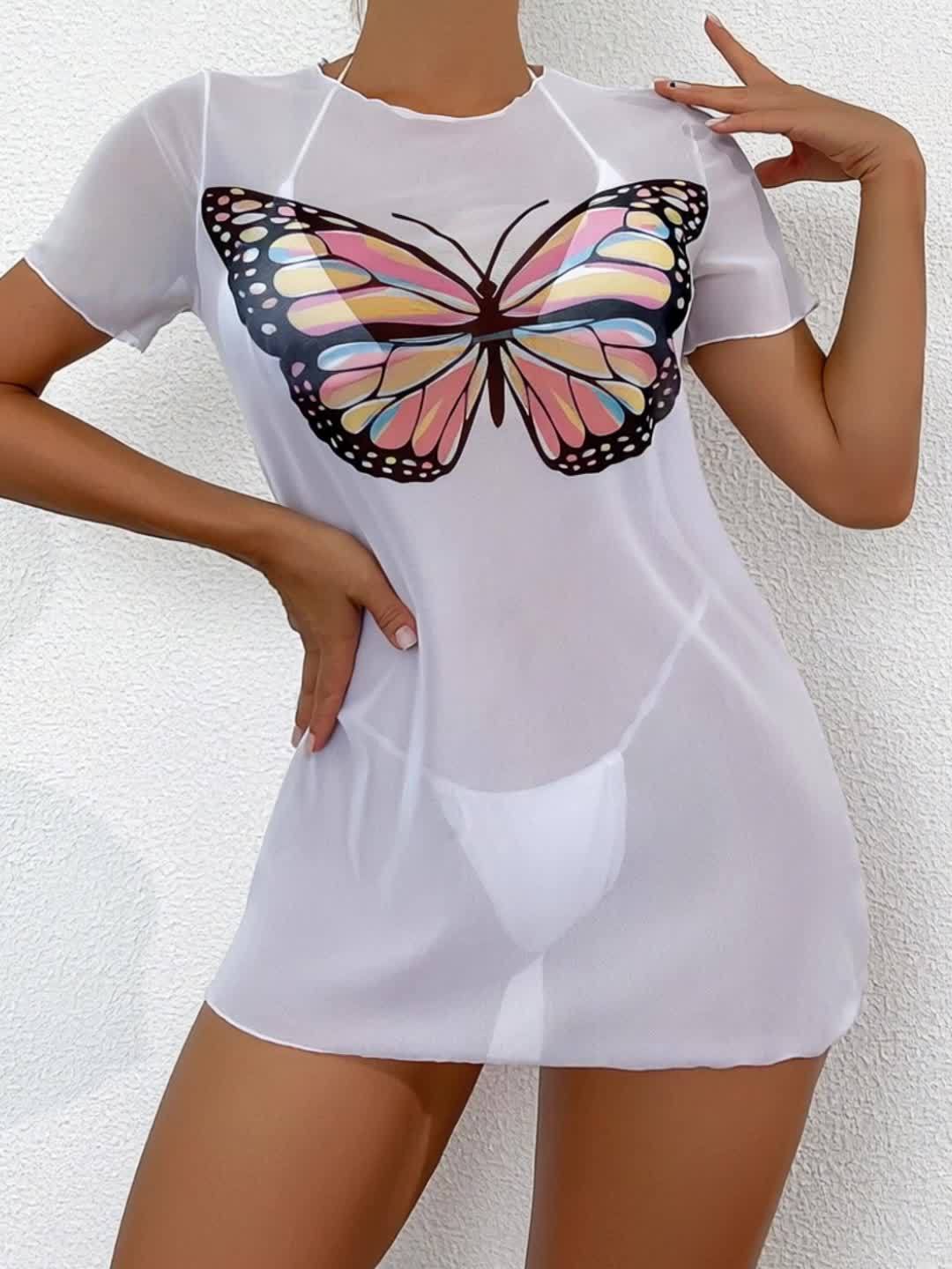 Butterfly Print Semi Sheer White Cover Up, Shorts Sleeve Stretchy Mesh Beach Coverup Without Bikini, Women's Swimwear & Clothing For Holiday