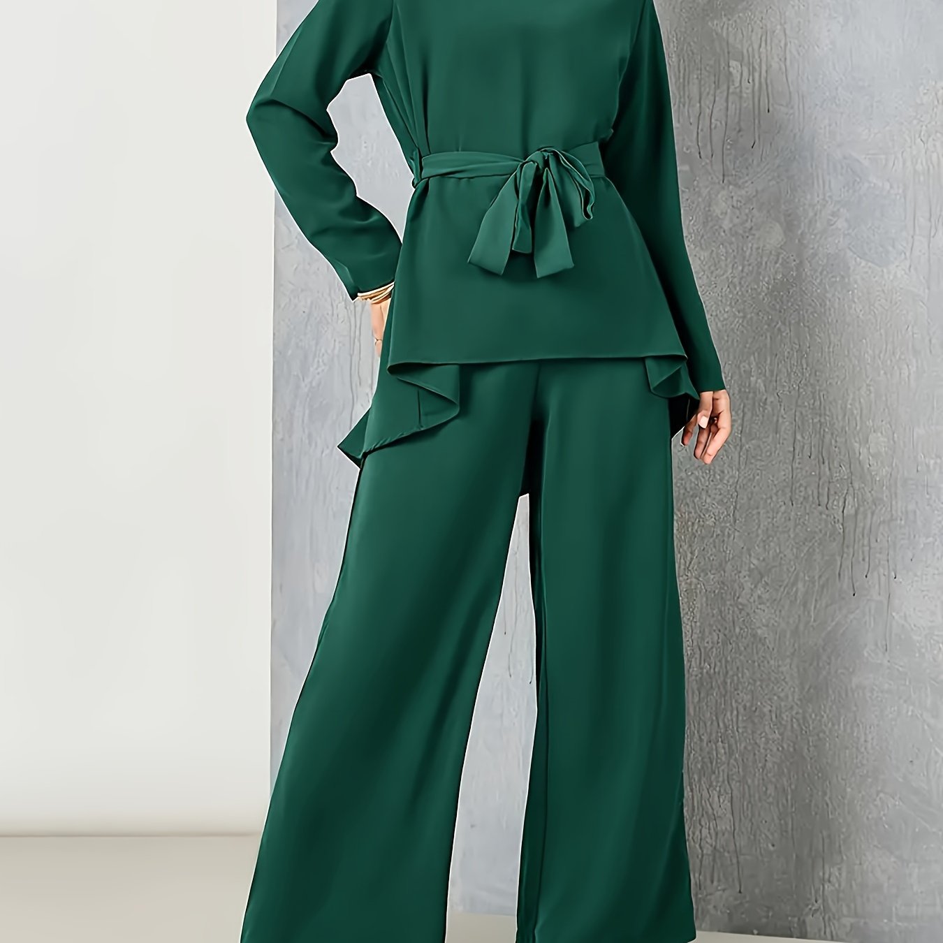 2 Pcs Solid Color Top & Pants Set, Long Sleeve Asymmetric Hem Belted Top & Straight Leg Pants Outfits, Women's Clothing