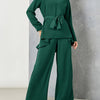 2 Pcs Solid Color Top & Pants Set, Long Sleeve Asymmetric Hem Belted Top & Straight Leg Pants Outfits, Women's Clothing