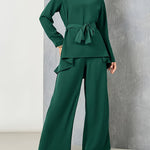 2 Pcs Solid Color Top & Pants Set, Long Sleeve Asymmetric Hem Belted Top & Straight Leg Pants Outfits, Women's Clothing