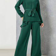 2 Pcs Solid Color Top & Pants Set, Long Sleeve Asymmetric Hem Belted Top & Straight Leg Pants Outfits, Women's Clothing