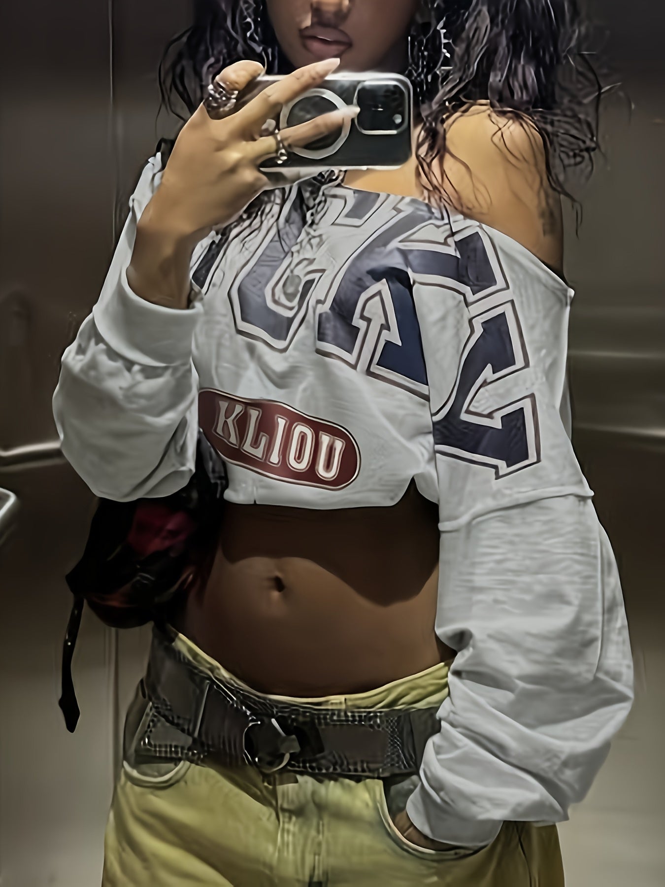 Trendy American Street Style Off-the-Shoulder Crop Top with Bold Letter Print - Long Sleeve, Light Grey, Machine Washable, Perfect for Spring, Summer, and Fall, Casual Streetwear | Crop Top Style | Soft Fabric Top