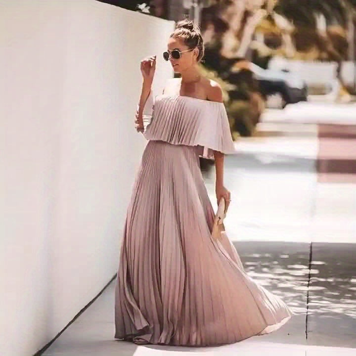 Elegant Off-Shoulder Pleated Maxi Dress for Women - Solid Color, Flowy A-Line Silhouette, Lightweight Polyester, Perfect for Summer Beach Vacation