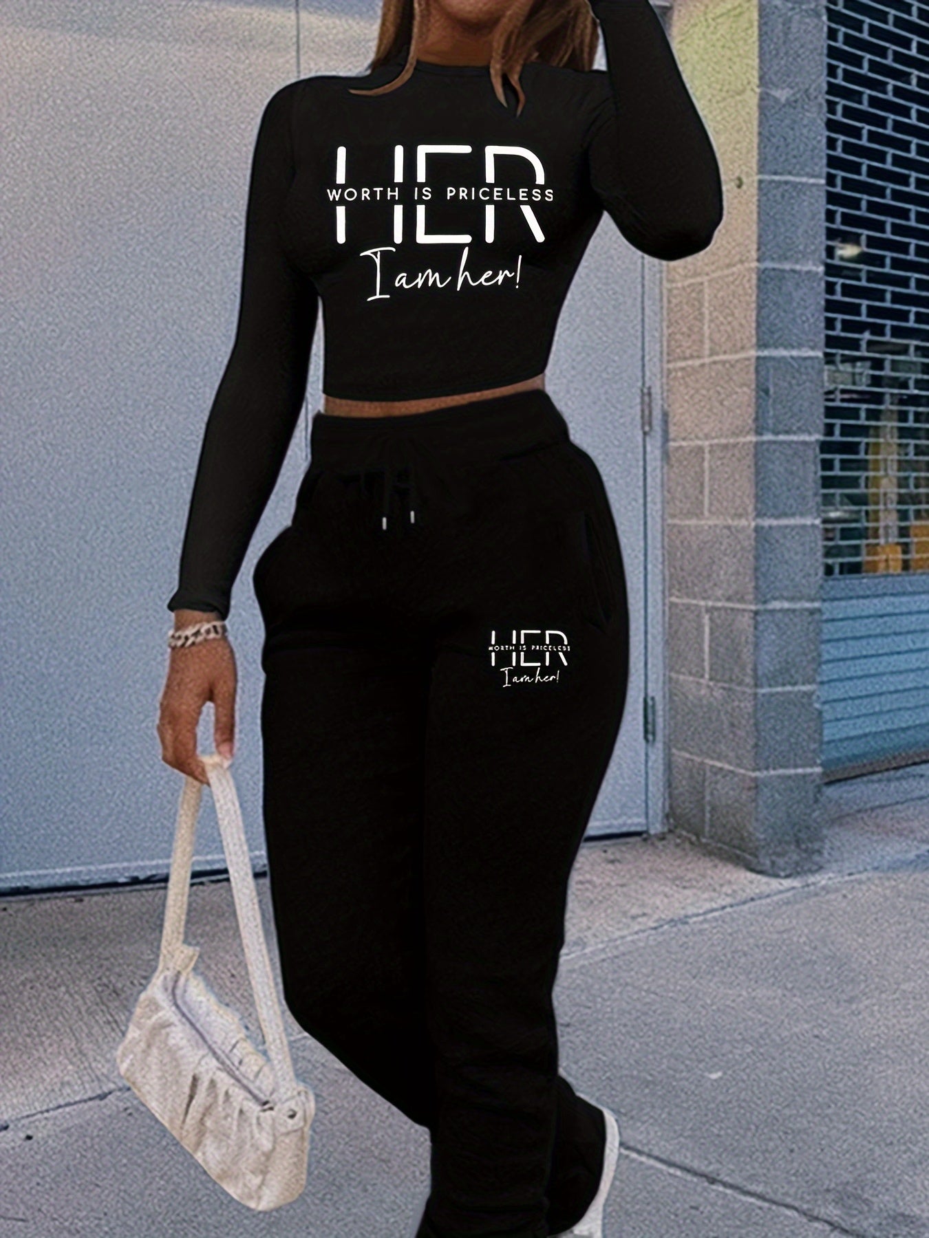 Long Sleeve Letter Print Crop Top and Sweatpants Set - 1set Women's Casual Polyester Athletic Leisure Wear - Round Neck, Drawstring Waist with Pockets, All Seasons