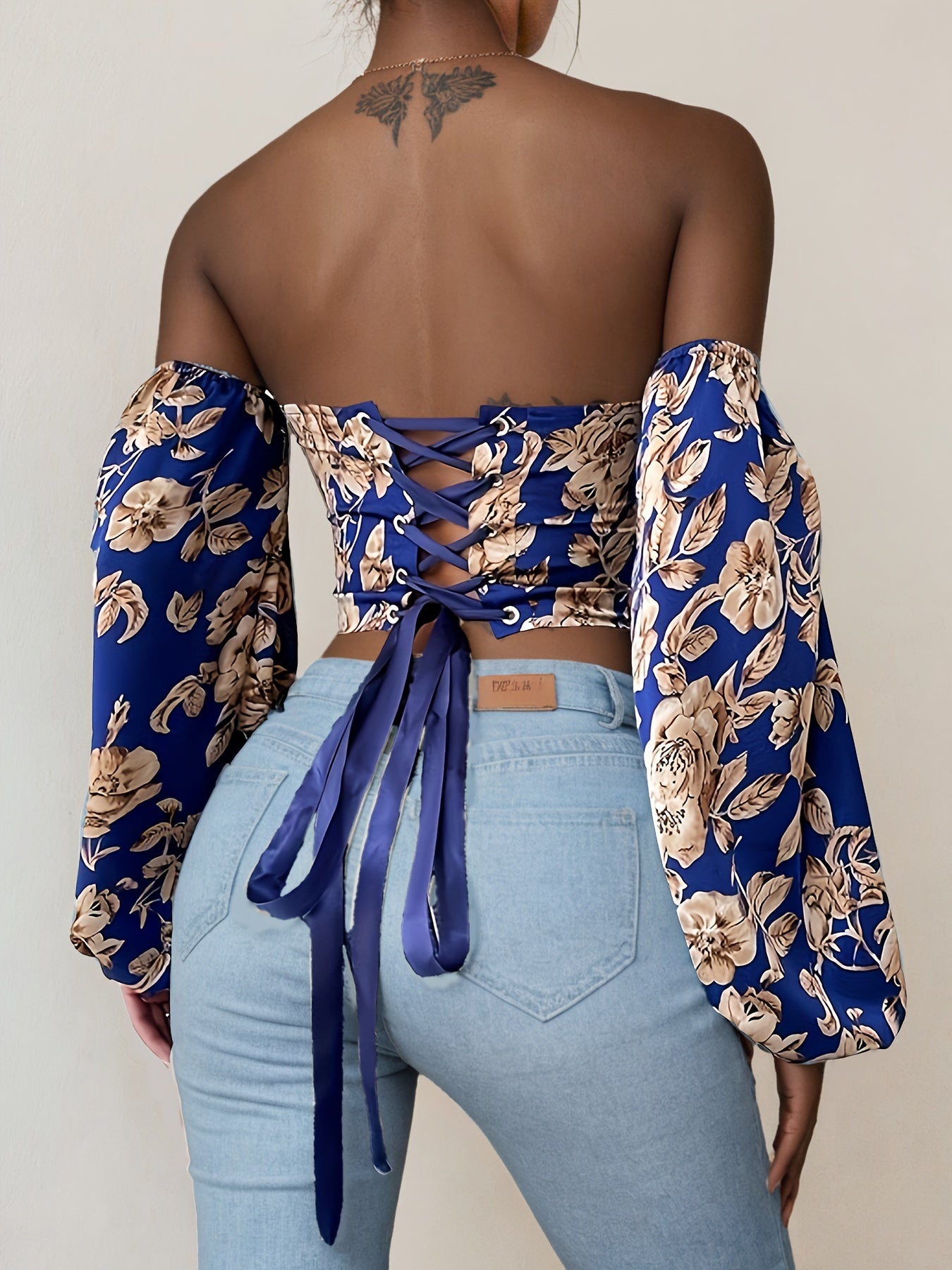 Vibrant Floral Print Crop Top, Off-shoulder Strappy Blouse with Lantern Sleeve for Spring & Summer, Women's Clothing