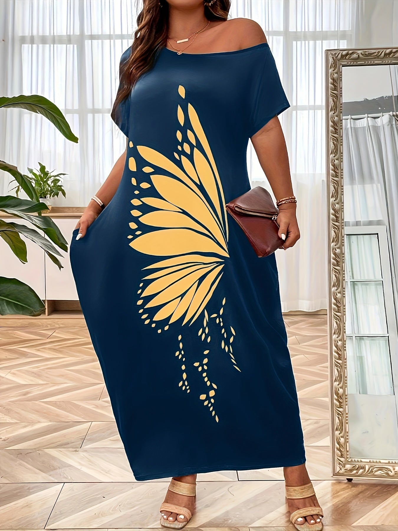 Chic Off-Shoulder Butterfly Print Maxi Dress for Women - Casual & Elegant, 100% Polyester, Machine Washable, Summer-Ready with Short Sleeves & Pockets