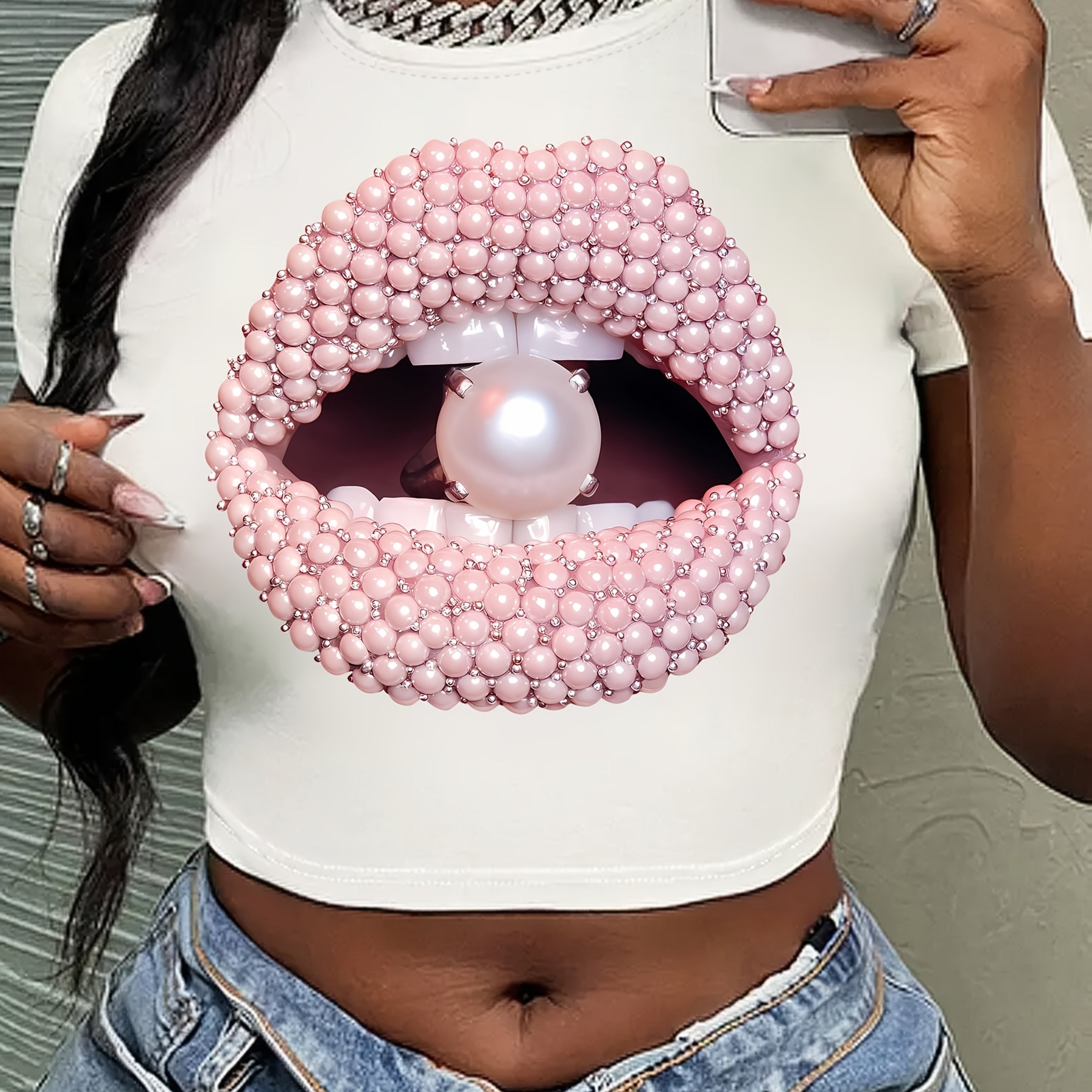 Y2K Short Sleeve Crew Neck Polyester Knit Fabric Medium Stretch T-Shirt, Regular Length, All Season, with Lips & Pearl Pattern, for Women