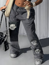 Y2K Wide Leg Polyester Pants with Cartoon Portrait Print - Fall/Winter Knit Fabric Trousers, 95% Polyester 5% Spandex, Adult Unisex
