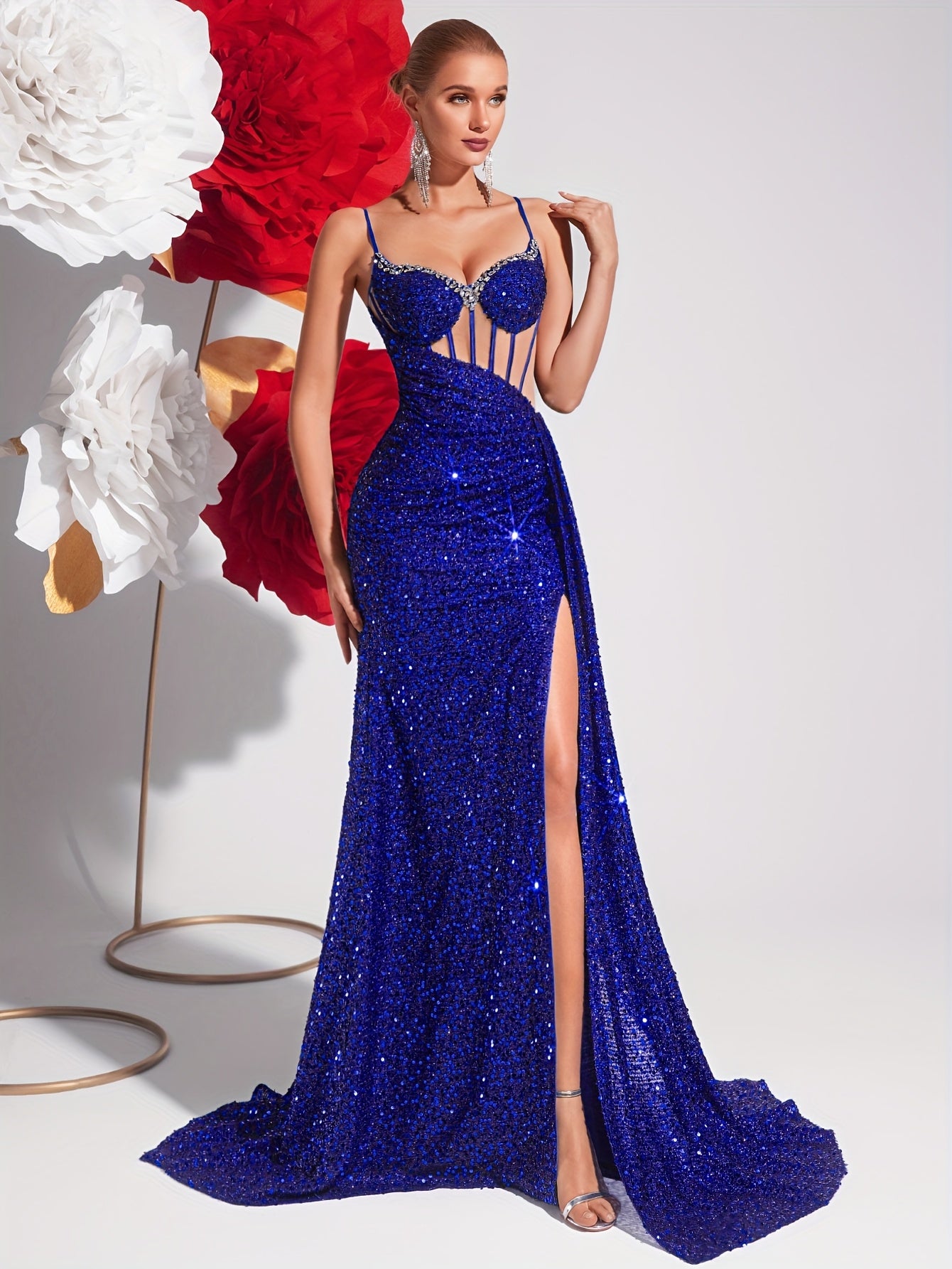 A High-Waisted Long Dress with Sequins, Beading, a V-Neck, Hollow Design, And Open Back, Perfect for Parties And Evening Events.