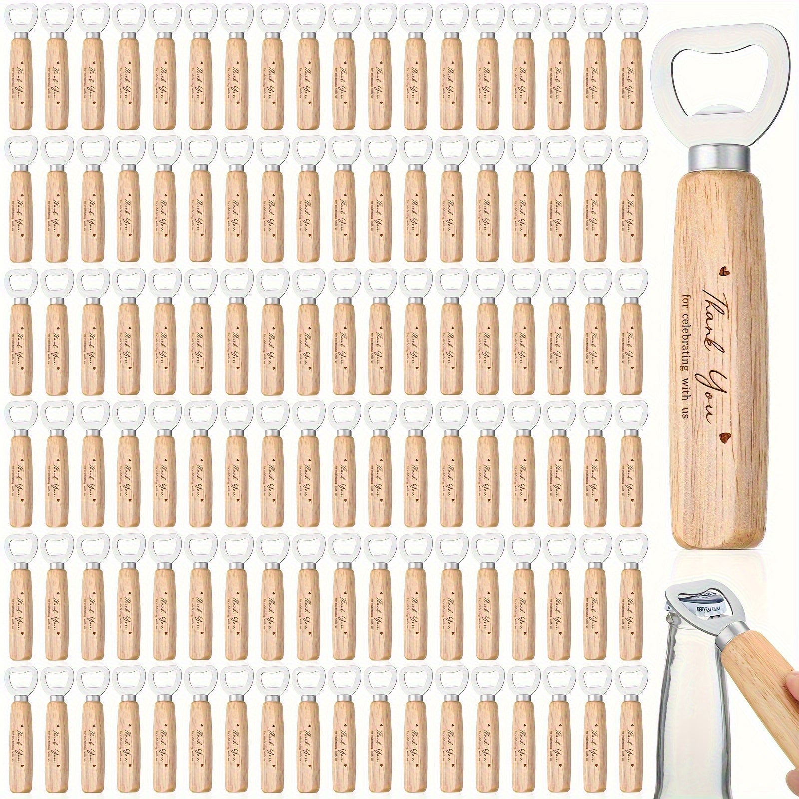 Wedding Bar Waiter Bottle Opener Bulk Wooden Wine Opener Thank You for Celebrating with Us Engraved Gift Suitable for Guests Wedding Birthday Party Baby Baptism Graduation Souvenir(100pcs)