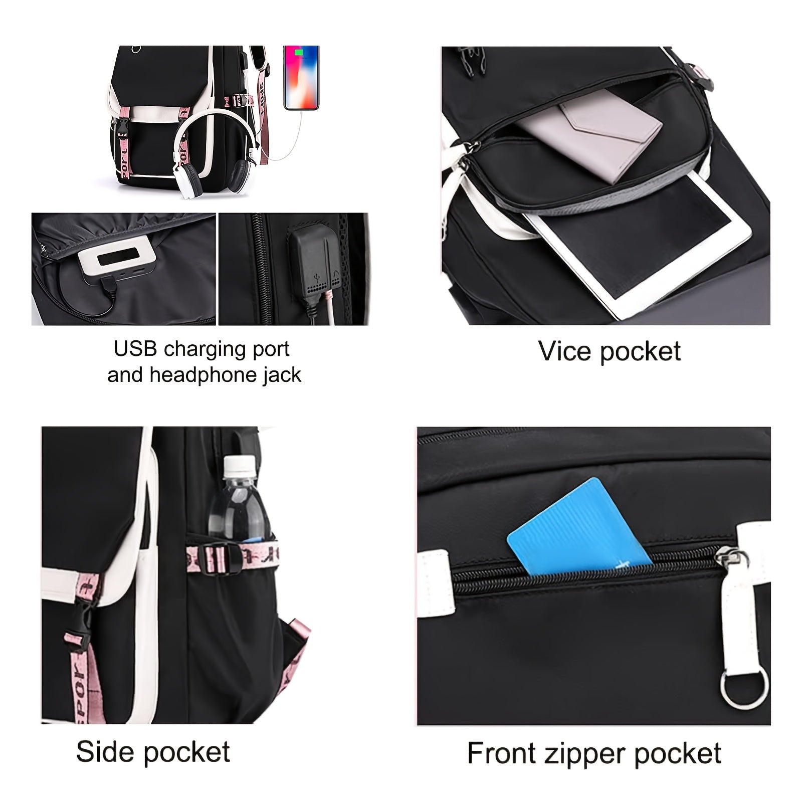 Hello Kitty Pink & Black Backpack with Plush Pendant - Cute Multi-Compartment Daypack, Adjustable Straps, Zip Closure, Lightweight & Foldable, Ideal for Daily Commute & Sanrio Fans, Kawaii Backpack | Charming Decoration | Pol
