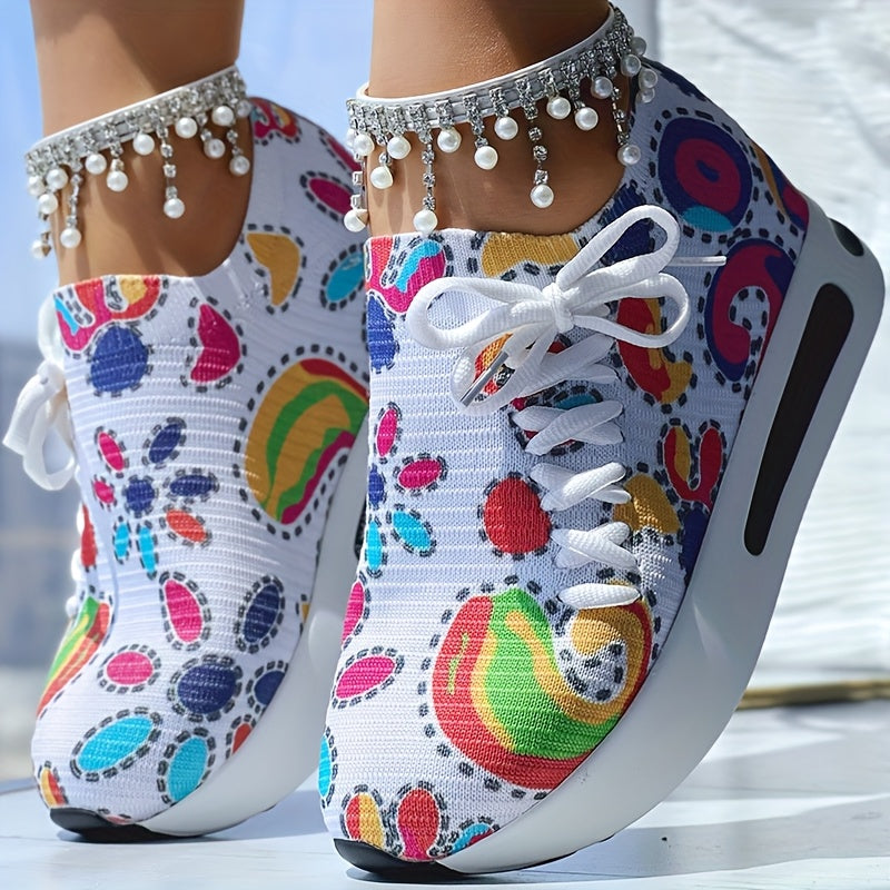 Abstract Print Side Lace-up Casual Wedge Sneakers - Without Anklet