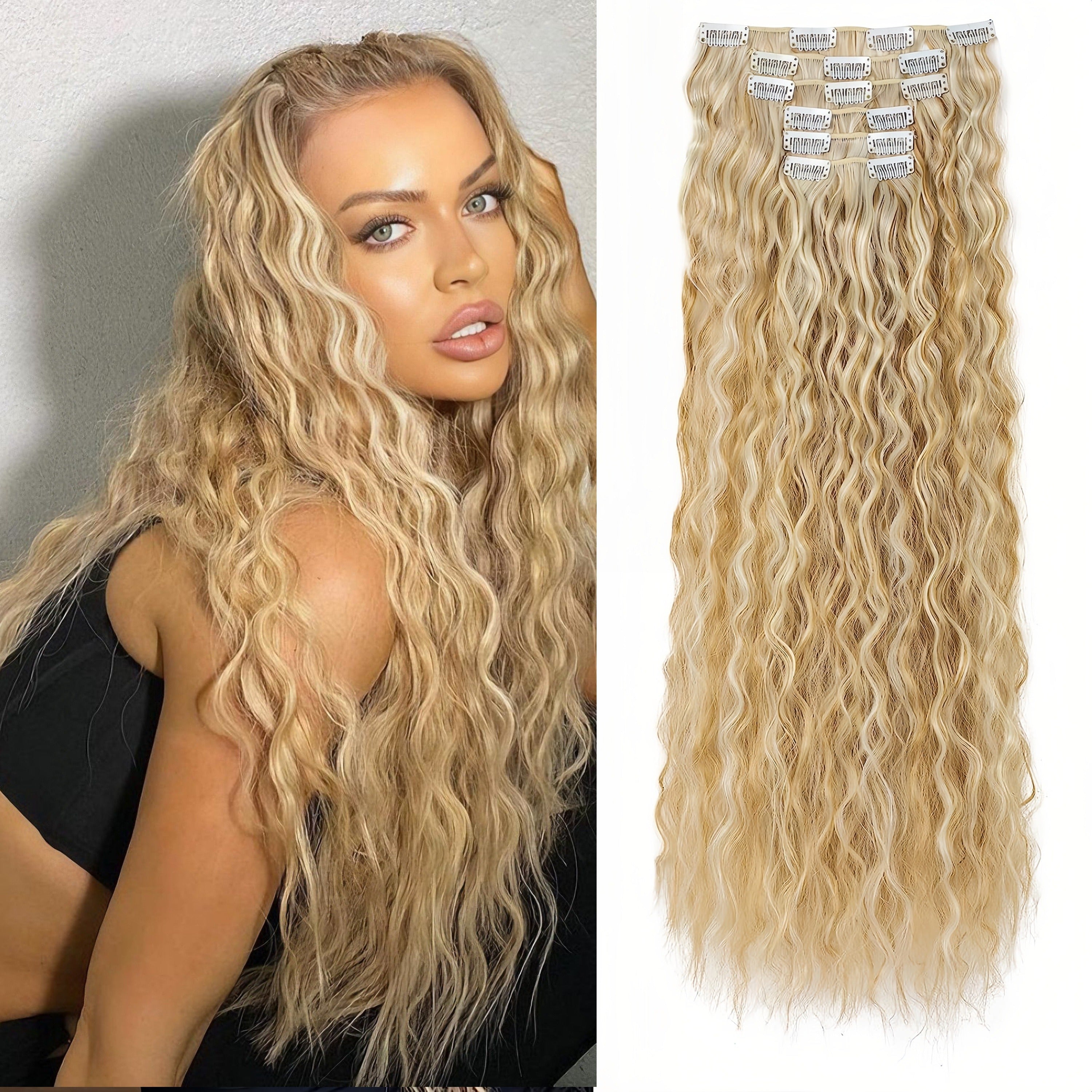 16 Thick Black Hair Clips for Synthetic Curls, Completely Soft And Invisible Fiber Hair Extensions, 24 Inches Long.