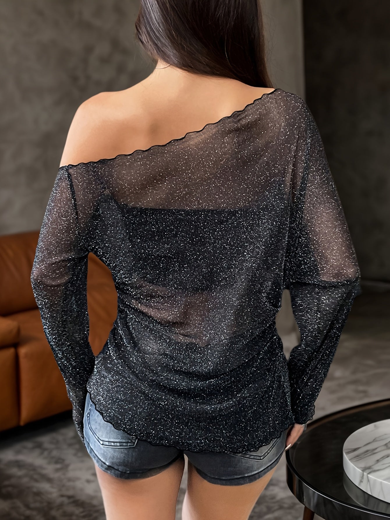 Women's Elegant Off-Shoulder Glitter Mesh Long Sleeve Top - Asymmetrical Neckline, Black Sheer Shimmering Blouse for Spring/Fall, Perfect for Casual or Party Wear, Ladies Blouses