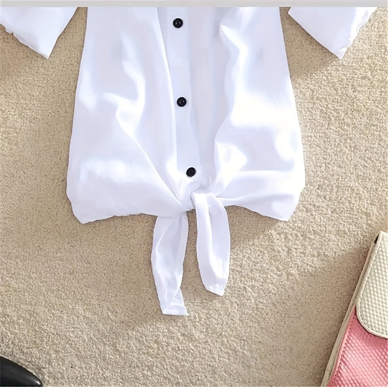 Women'S Casual Long Sleeve White Shirt with "JANISMANNER" Print - Stylish Short Sleeve Blouse with Tie Front, and Lapel Collar for Summer, Top | Stylish Casualwear | Feminine Design