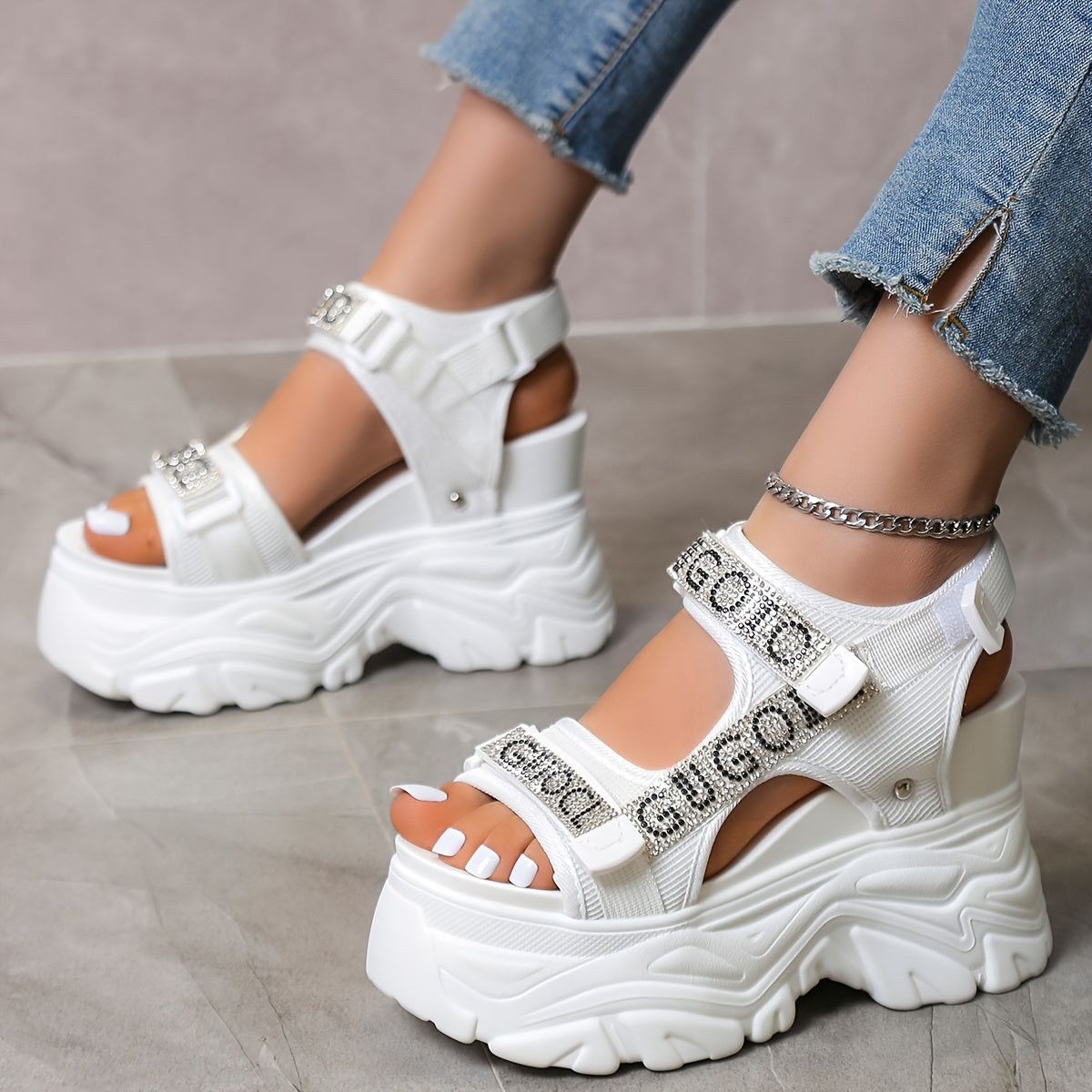 Elegant Summer 2024 Women's Black Rhinestone-Embellished High Heel Sandals - Breathable Mesh, Lightweight, Waterproof Platform with Hook-and-loop Fastener Straps, Open Toe Design for Stylish Daily Wear, Chunky Heel Sandals