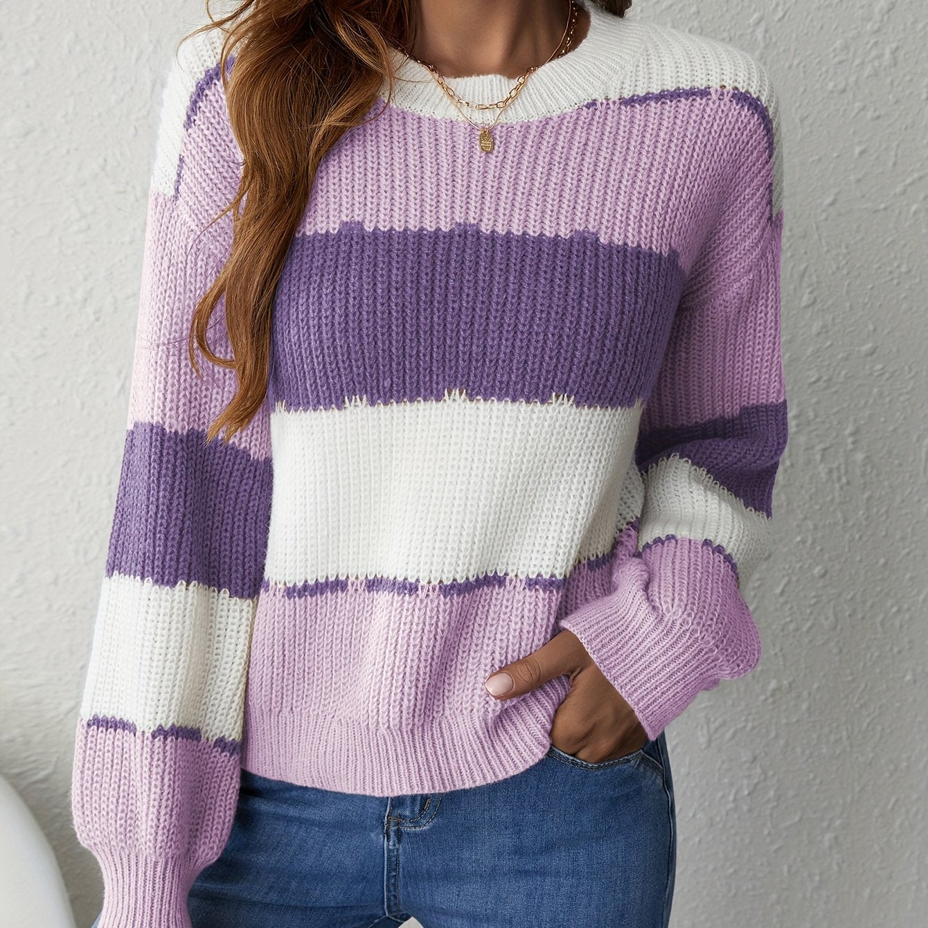 [Elegant Color Block Sweater] Long Sleeve Elegant Polyester Crew Neck Sweater - Women's Color Block Knit Pullover for Fall/Winter