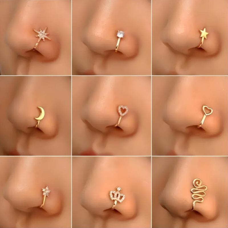 9pcs Non-Piercing Nose Ring Set – Gold-Plated U Shape Nose Clips with Zirconia, Star, Heart & Crown Charms – Stylish No Piercing Required Nose Jewelry for Women & Girls