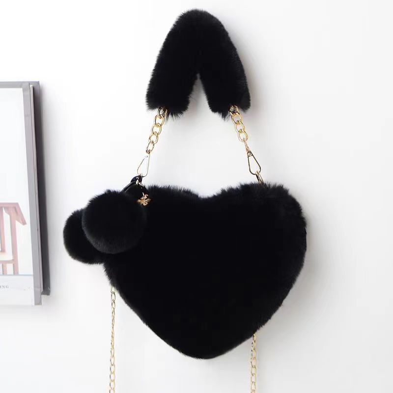 1pc Cozy Heart-Shaped Faux Fur Crossbody Bag, Polyester Plush Love Purse with Chain Shoulder Strap, Soft Pink/White/Black Fashion Handbag, Ideal for Christmas & Valentine'S Day Gifts