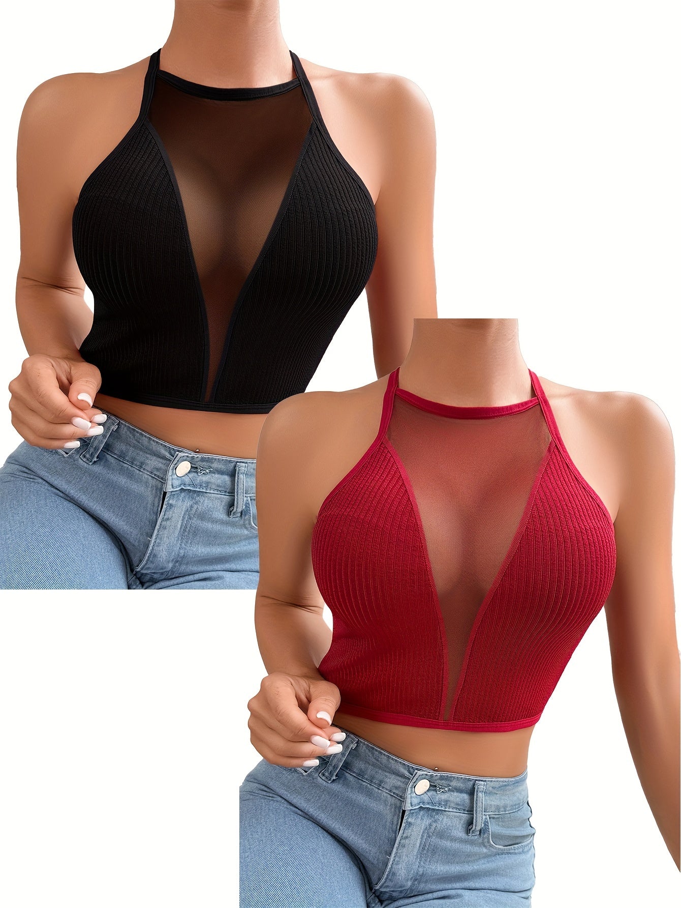 2pcs Elegant Mesh Halter Tank Tops for Women - Sleeveless, Backless with Cross-Neck Straps, Ribbed Texture, Versatile Wear as Casual or Layered, Machine Washable, Nylon & Elastane Blend, in Black & Pink