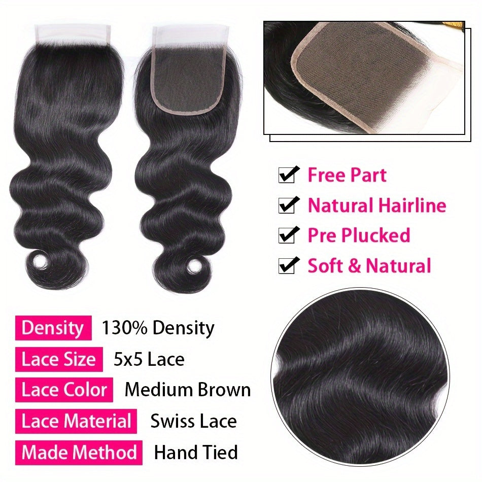 Peruvian Body Wave Virgin Hair Bundles With Lace 5x5 Closure Human Hair Unprocessed Body Wave Hair With Closure 5x5 Lace Free Part Natural Black Hair 5 Bundles In Total