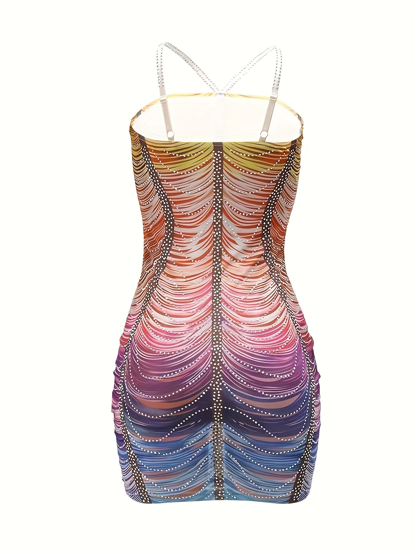Women'S Vibrant Tie-Dye Mini Dress with Sparkling Embellishments - Casual Spaghetti Strap Bodycon Dress for Spring/Summer, Casual Attire|Vibrant Print Dress|Spaghetti Strap Top, Plus Size Dress