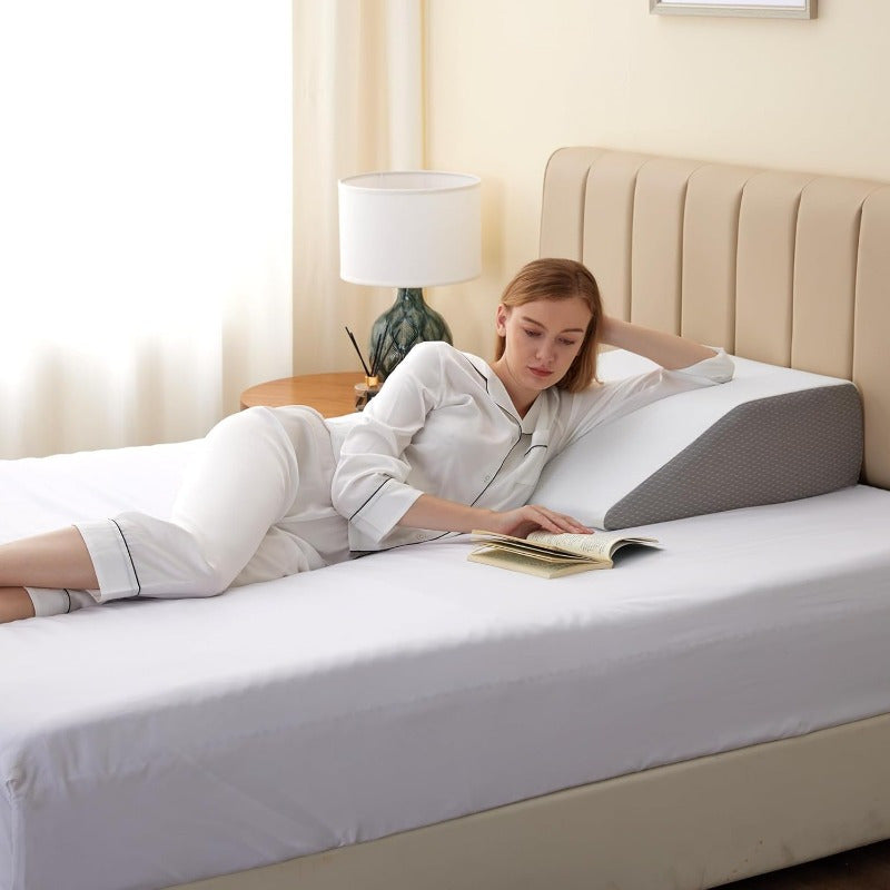 8 Inch Leg Elevating Pillow for Post-Surgery & Relief - Cooling Gel Cotton Top, Ergonomic Wedge Pillow for Improved Circulation, Side Sleeping Support, White & Grey, Contemporary Design | Highdensity Foam