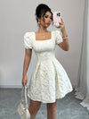 Elegant Women's Floral Jacquard Dress with Puff Sleeves and Square Neckline - Knee-Length, White Textured Design, Perfect for Casual or Formal Occasions, Floral Print Dress, Evening Event Attire, Chic Comfortable Wear