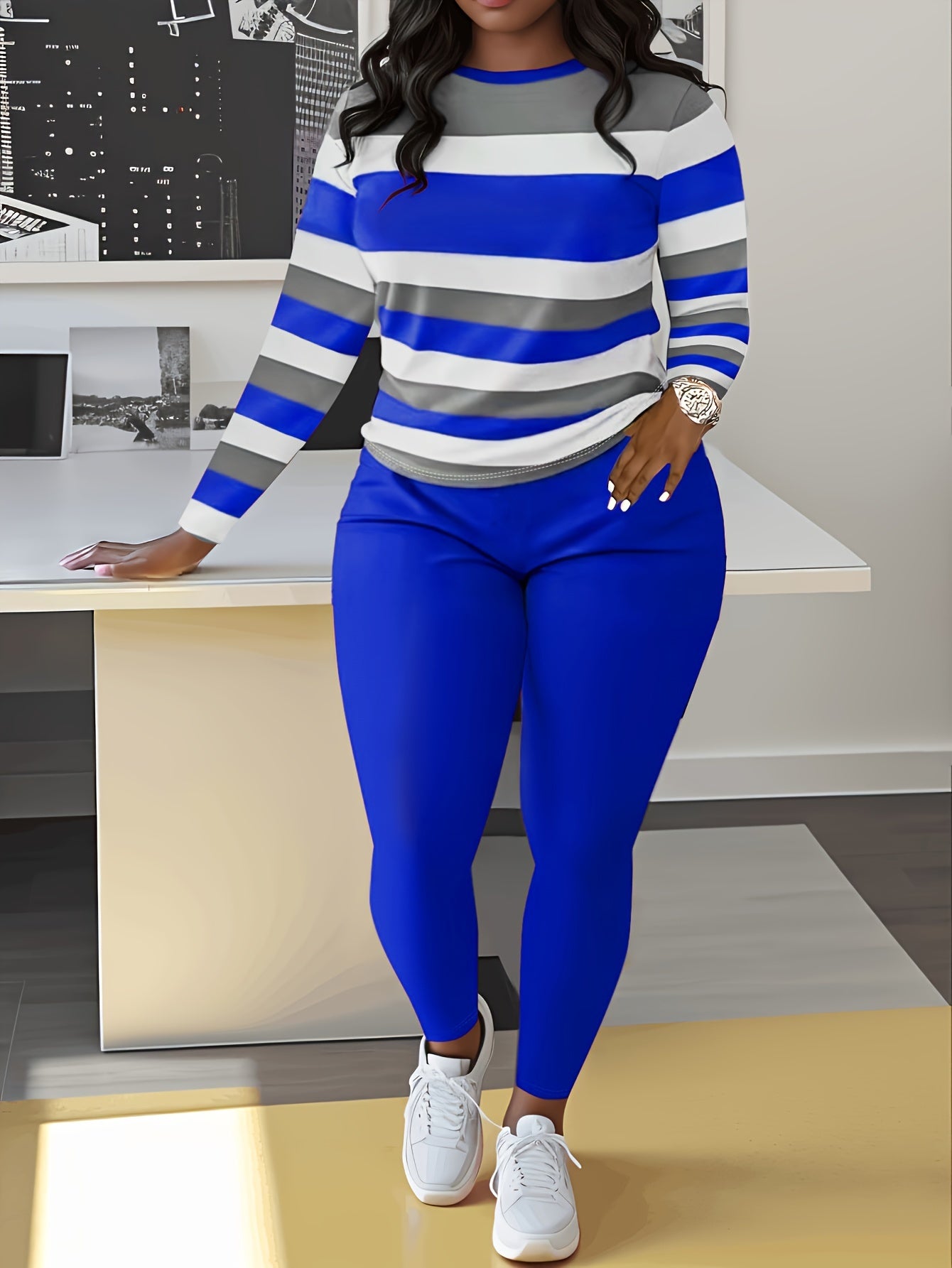 Slim Matching Two-piece Set, Casual Long Sleeve Crew Neck Striped Color Block T-shirt & Solid Elastic Waist Pants Outfits, Women's Clothing