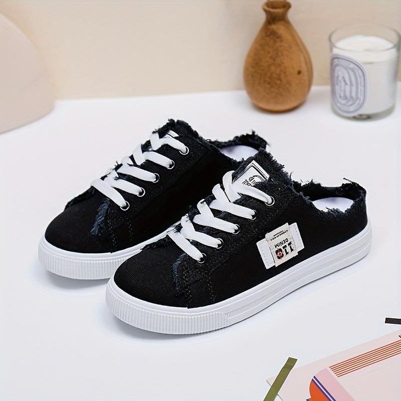 Women's Lightweight Breathable Flat Sole Sneakers - White Distressed Casual Running Walking Shoes with Fabric Upper, EVA Cushioned Sole & All-Season Comfort