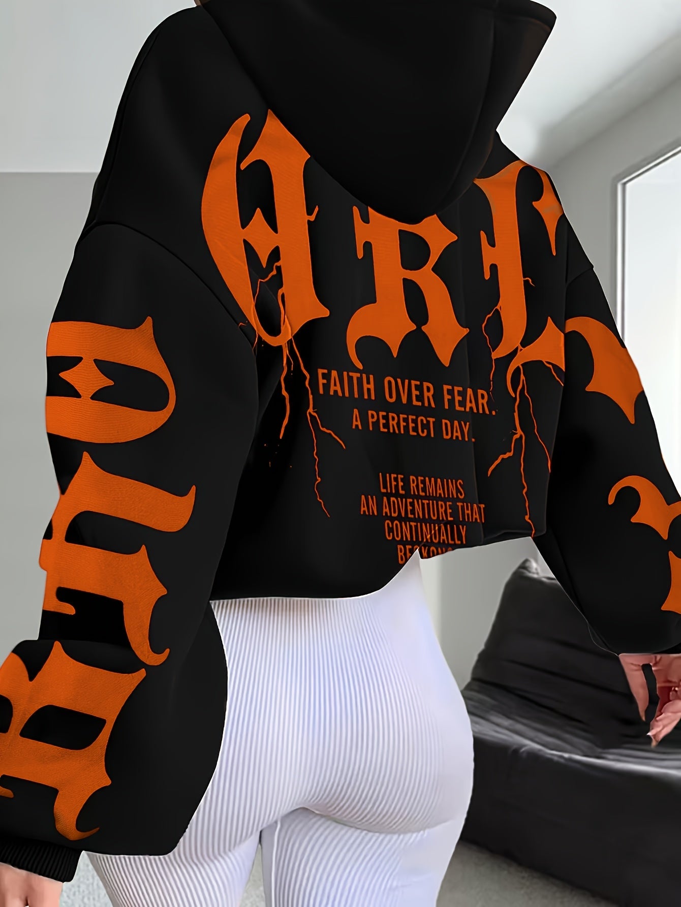 Women'S Stylish Black Hoodie with Vibrant Blue "Fear" Graphic Print - Casual Long Sleeve Pullover, Polyester Knit Fabric, Fall & Winter Essentials, Fall Winter Apparel | Bold Graphic Hoodie | Polyester Hoodie