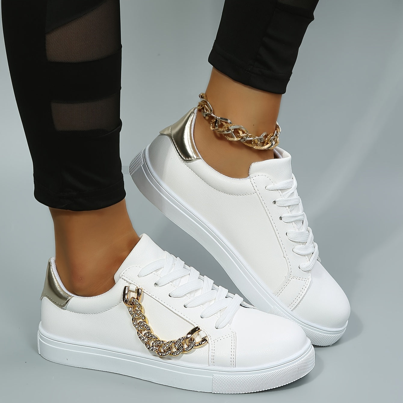Women's Stylish White Low-Top Sneakers with Golden Chain Detail - Casual Lace-Up Shoes, Upper, Mesh Lining, TPR Sole, Versatile for All Seasons
