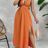 Stylish Women's Sexy Backless Split Dress - Vibrant Orange, Halter Neck, High-Waisted A-Line Cut, Polyester, Perfect for Spring/Summer, Evening Attire | Halter Neck Dress | Glossy Texture