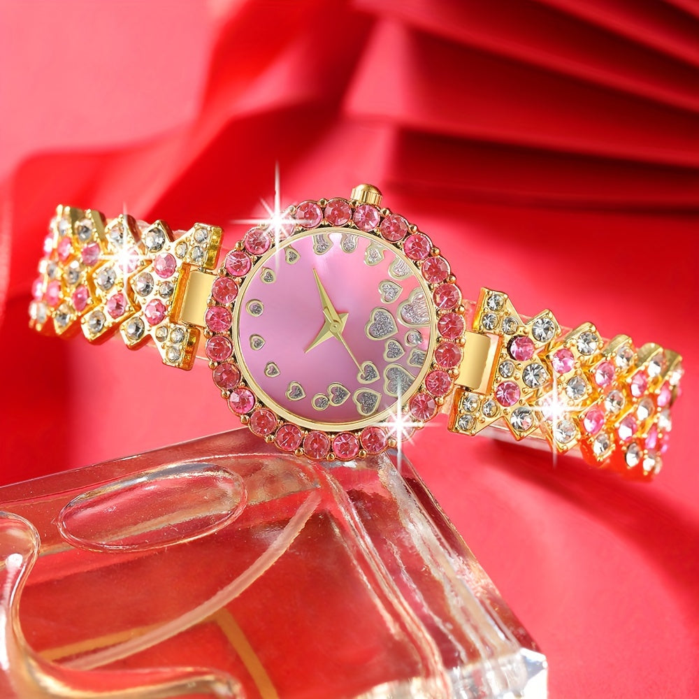 6 Pcs Pink Round Rhinestone Quartz Watch Alloy Strap Alloy Pointer Alloy Case And Rhinestone Bracelet Necklace Earrings Ring Jewelry For Women