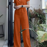 Women'S Solid Color Short Sleeve Shirt and Long Pants Elegant Two-Piece Set