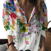 Women'S Floral Print Long Sleeve Shirt, Casual Polyester 100% Woven Blouse, Lapel Collar, Spring/Fall Season, 110g/m² Fabric Weight, Adult Fashion