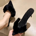 [Faux Fur Chic Slippers] Plush Faux Fur Chic Women's High-Heel Slippers - Pointed Toe, French Heel Design for Indoor & Outdoor Wear