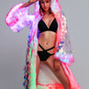 Women's LED Sequin Faux Fur Coat - Long Hooded Festival & Cosplay Outfit, USB-Powered, Flare Sleeves, Mermaid Tail Design, Vibrant Pink to Blue Gradient (Batteries Not Included), Cosplay Costume | Sequin Embellished | LED Lit