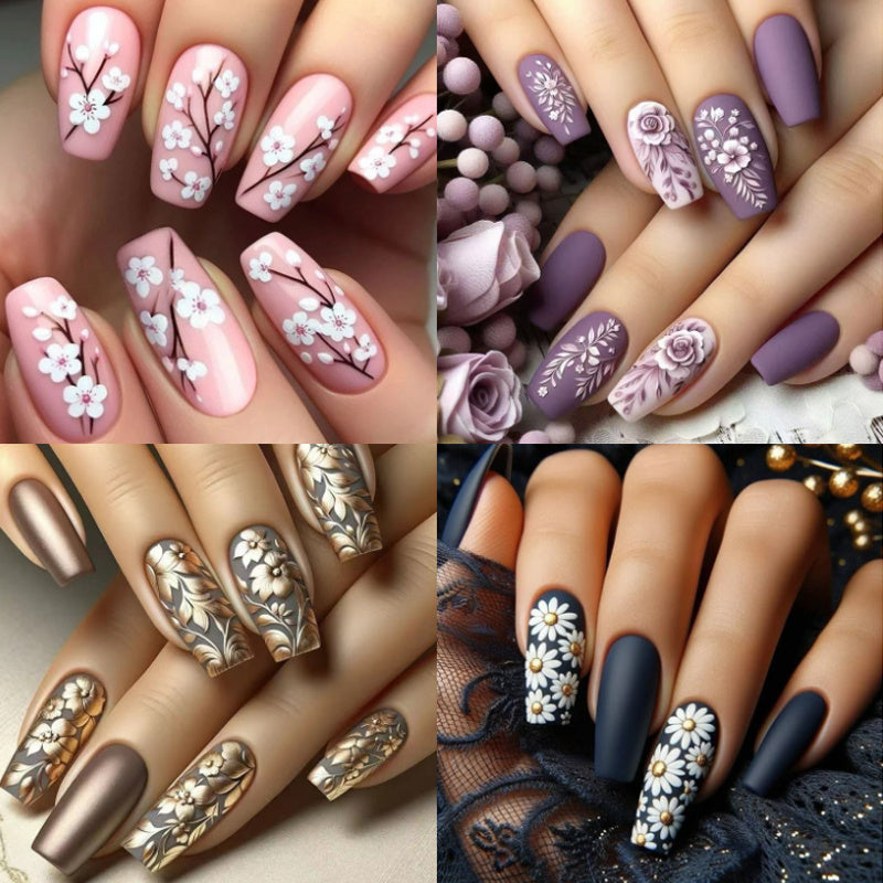 Christmas 96pcs (4pcs) Press-On Nails Set - Medium Length, 3D Flower Glossy Purple Finish with Floral Designs for Fashionable Fall & Winter Looks Christmas gift