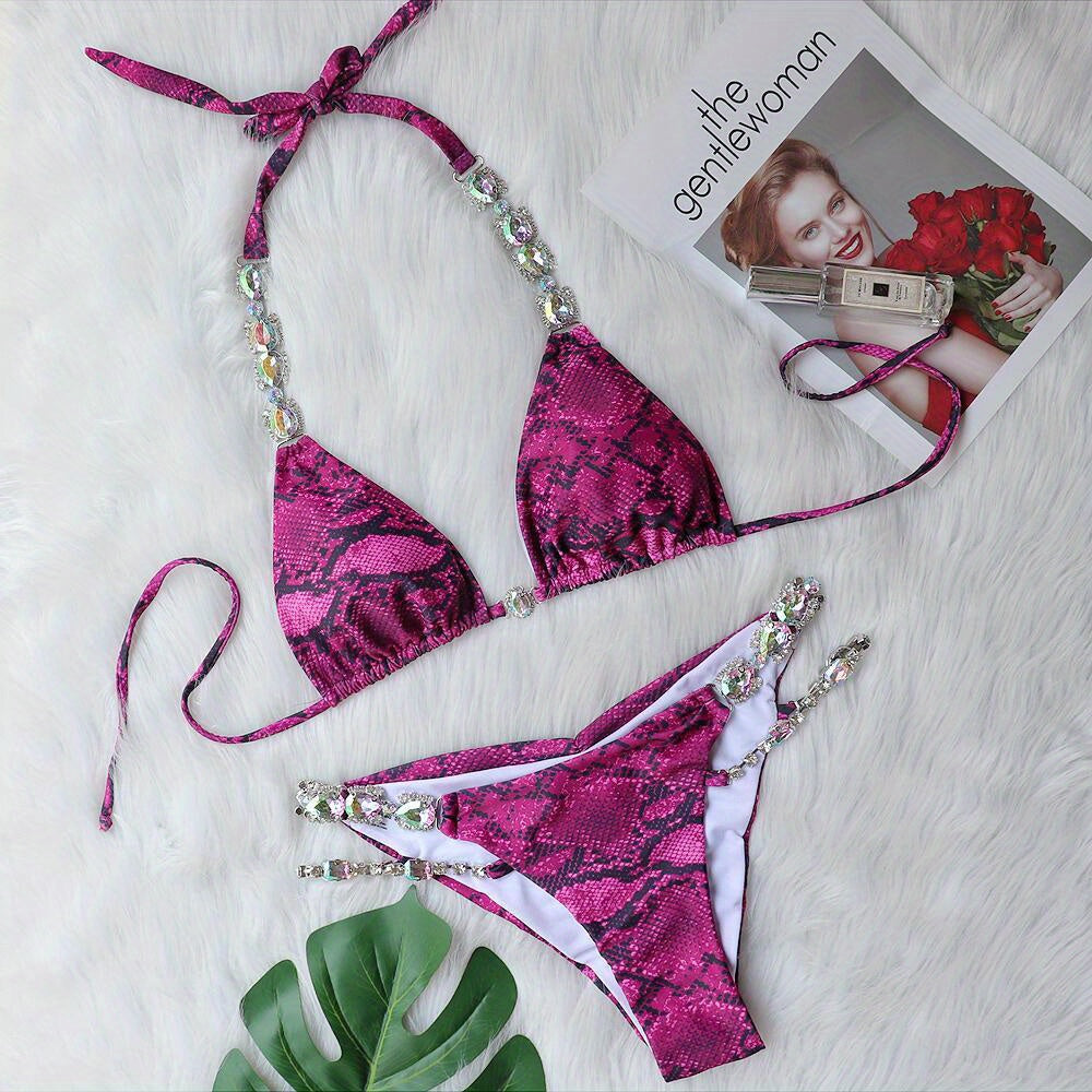 2025New Bikini, Sexy Snake Print Crystal Diamond Women'S Split Swimsuit, Beach Swimsuit