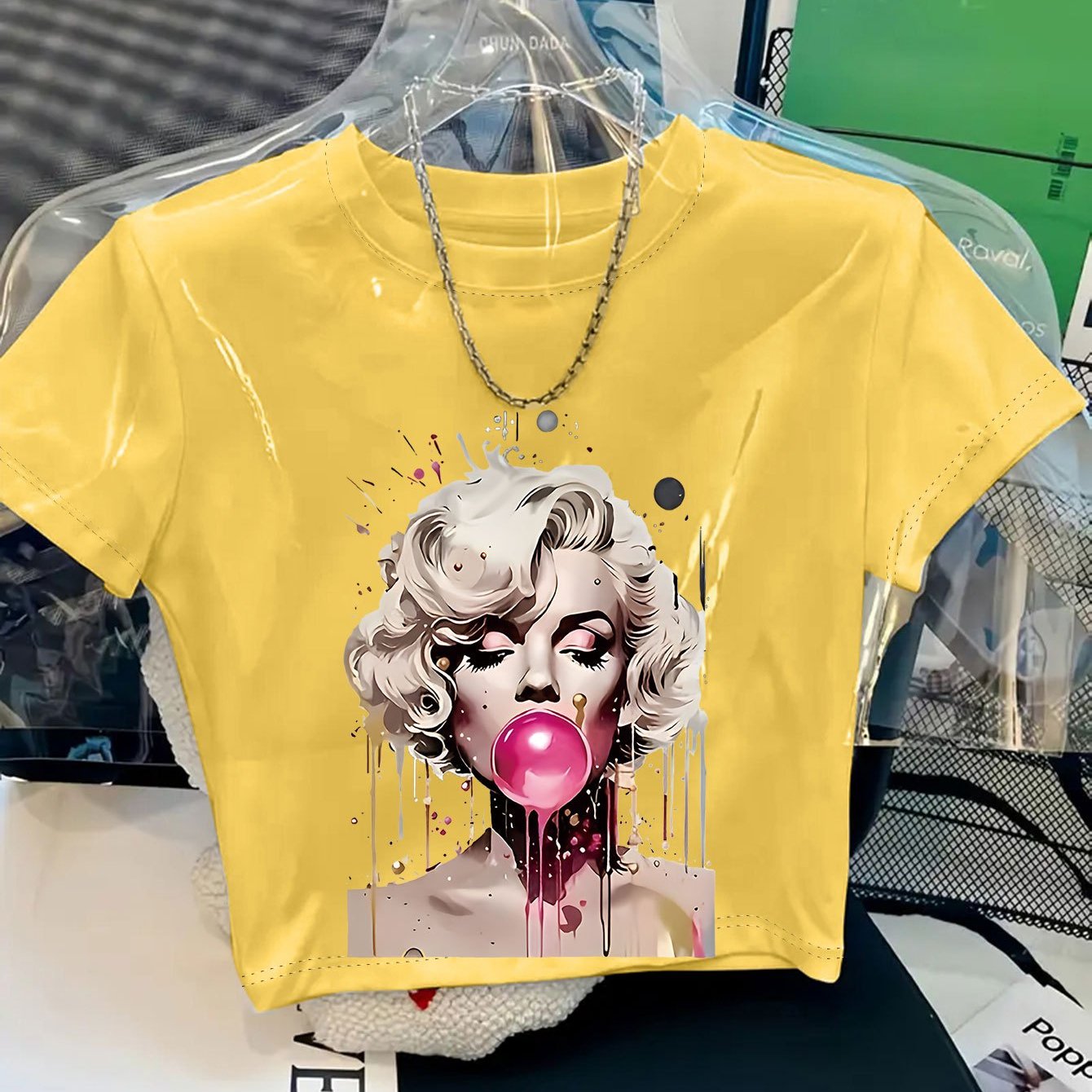Women'S Y2K Retro Style Graphic Crop Top T-Shirt - Soft, Stylish Yellow Tee with Pop Art Design, Comfortable Casual Wear for Casual Attire, Allseason Top | Y2K Fashion | Soft Fabric
