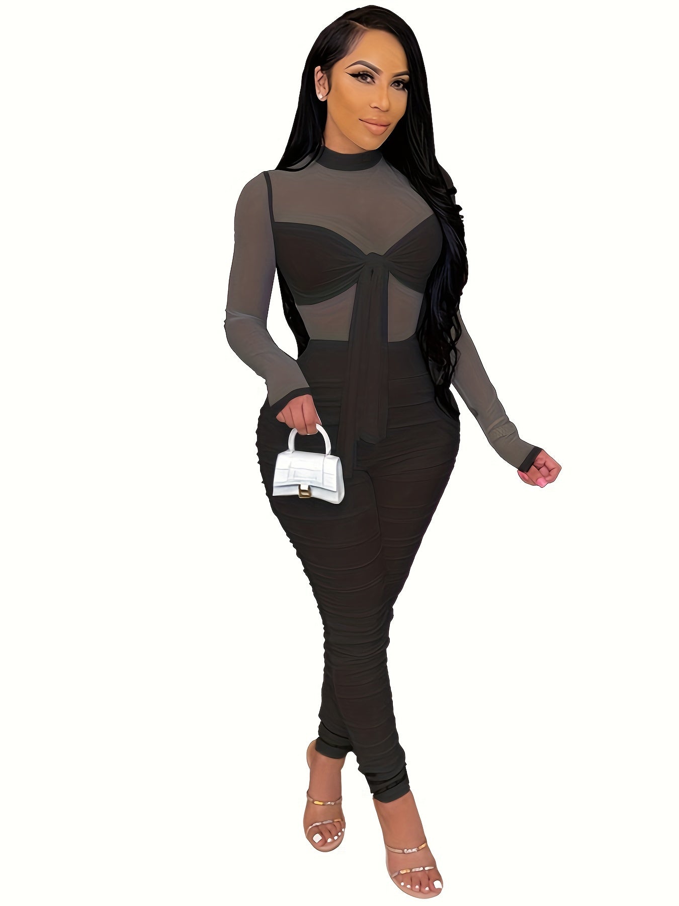 Women's Sexy High Neck Semi-Sheer Mesh suit with Metal Chain Accents - Bodycon Long Sleeve Spring , Mustard Yellow, Machine Washable