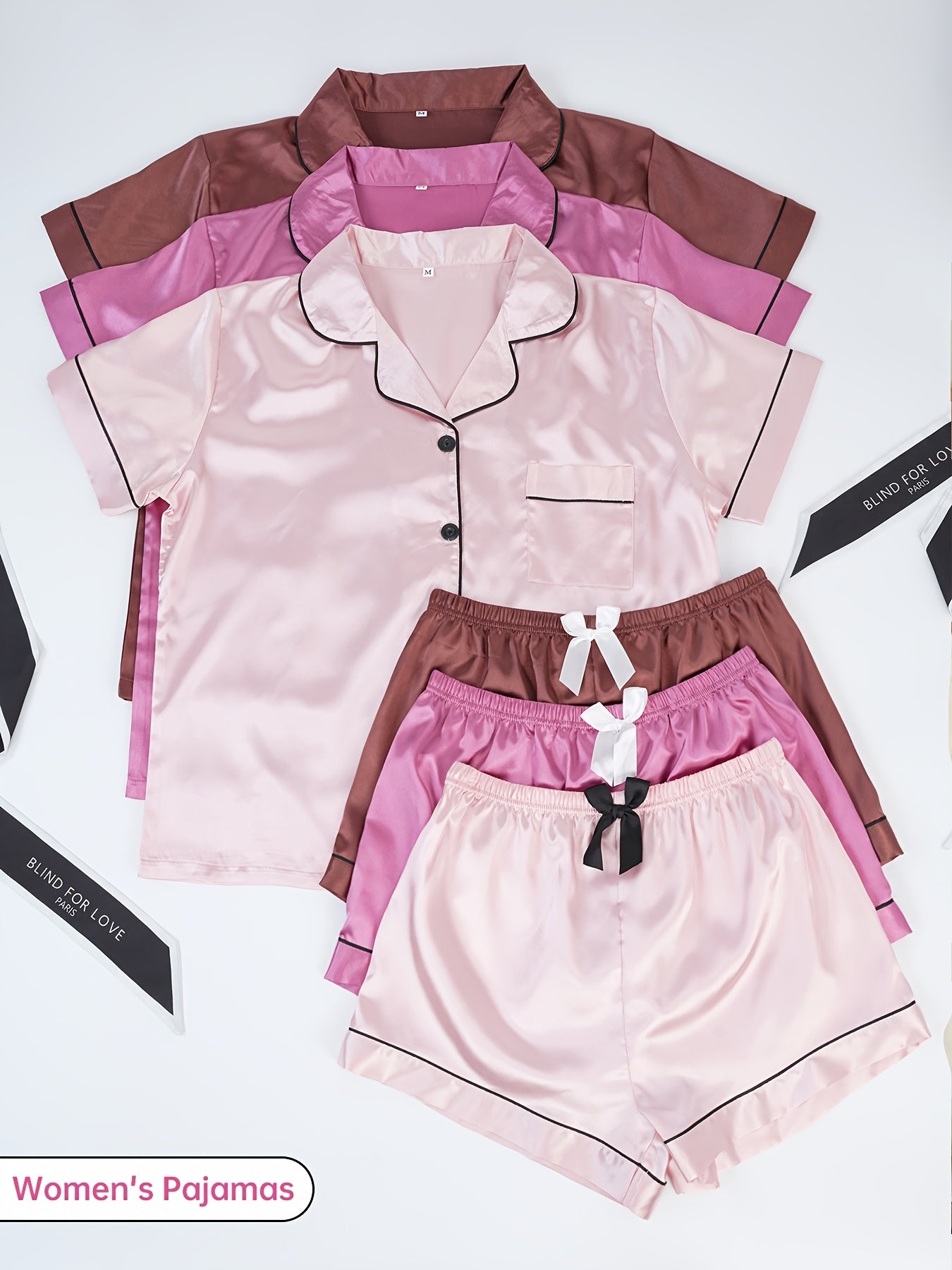 3-Piece Women's Satin Pajama Sets – Short Sleeve Lapel Top & Elastic Waist Shorts, Soft Loungewear Sleepwear Set