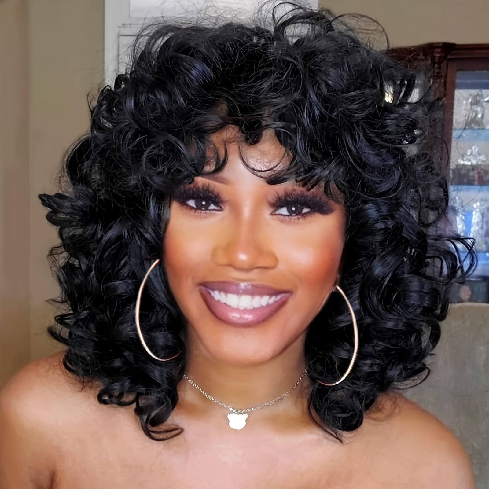 10 Inch Brazilian Virgin Human Hair Wig with Bangs - Glueless Loose Curly 200% Density Rose Net Cap Black Natural Wave Wig for, Daily Wear & Special Occasions, Highdensity Hairpiece